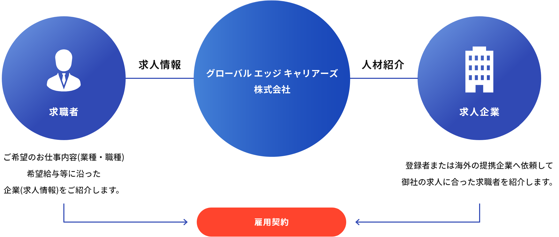 イメージ：人材のマッチング後も、入国手続き支援や語学・マナー研修、生活サポートを通じて、外国人材の採用活動全般において、企業と人材の両方をサポートしています。