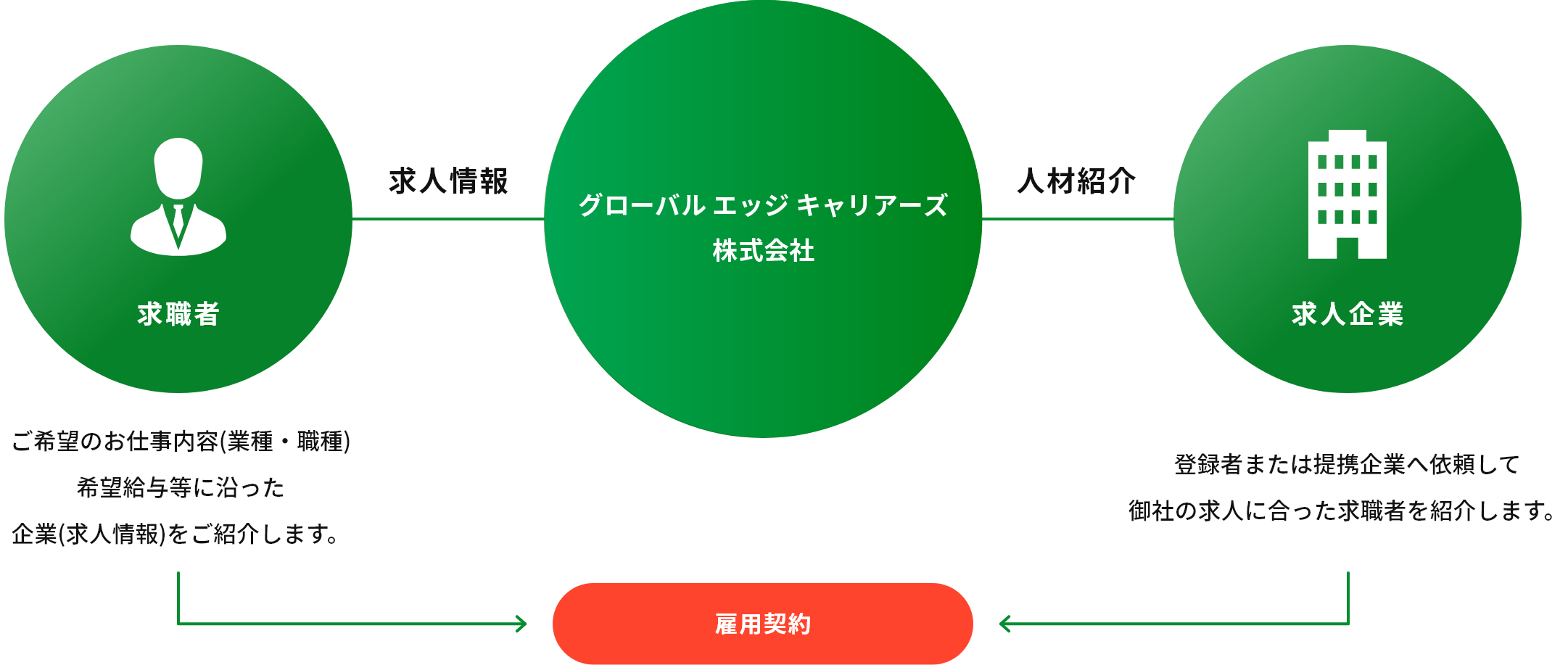 イメージ：人材のマッチング後も、入国手続き支援や語学・マナー研修、生活サポートを通じて、外国人材の採用活動全般において、企業と人材の両方をサポートしています。